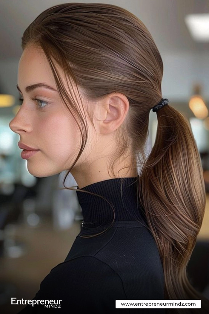 A woman with a long sleek ponytail dressed elegantly for a dinner date