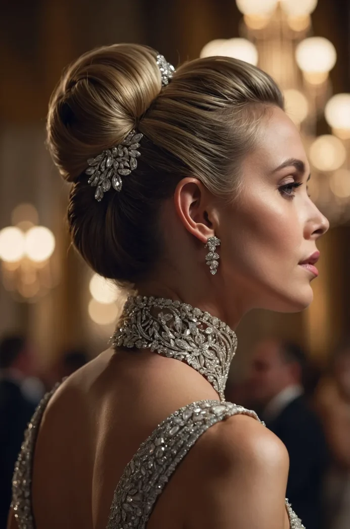 Elegant date night chignon with clean, polished lines Modern minimalist chignon hairstyle styled for a romantic date night