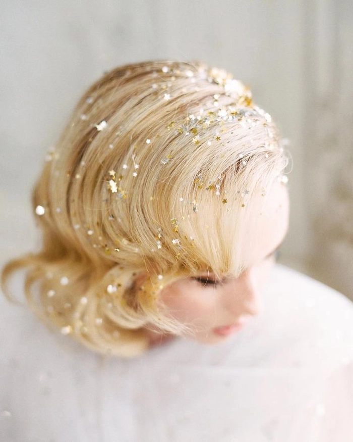 Festive glitter hair accents for a romantic New Year's Eve date New Year's Eve date night hairstyle with sparkling glitter accents