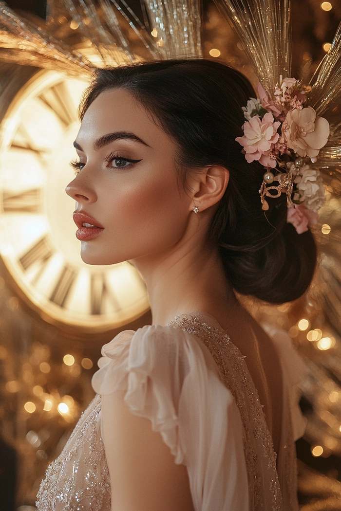 Sparkling hair details to elevate your romantic New Year's Eve look Glitter hair accents perfect for a New Year's Eve date night hairstyle