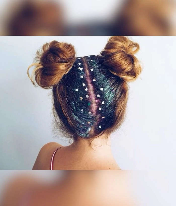 Glitter hair accents perfect for a romantic New Year's Eve date night New Year's Eve date night hairstyle with shimmering glitter hair accents