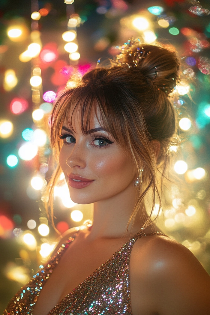 Glitter hair accents perfect for a romantic New Year's Eve date night hairstyle A woman's hair styled with sparkling glitter accents for a New Year's Eve date night