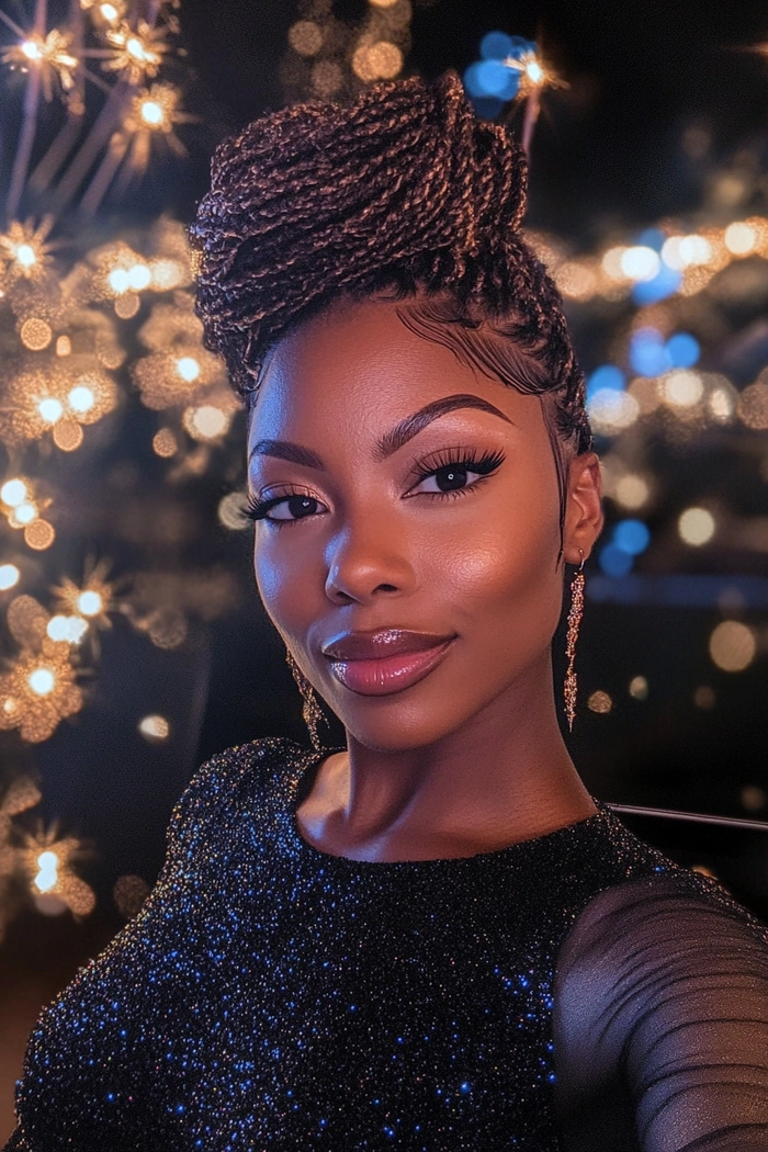 Glitter hair accents perfect for a New Year's Eve date night look Date night hairstyle with glitter accents for New Year's Eve celebration
