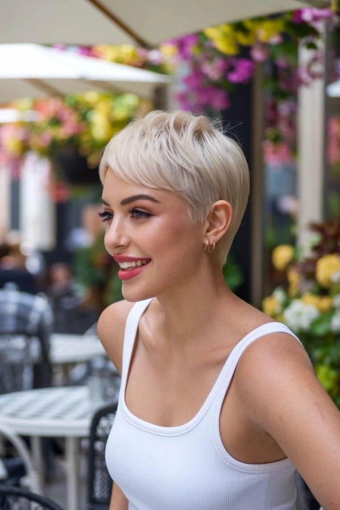 Chic pixie cut styled with delicate accessories for a romantic evening out Woman with a pixie cut wearing elegant hair accessories for a date night look