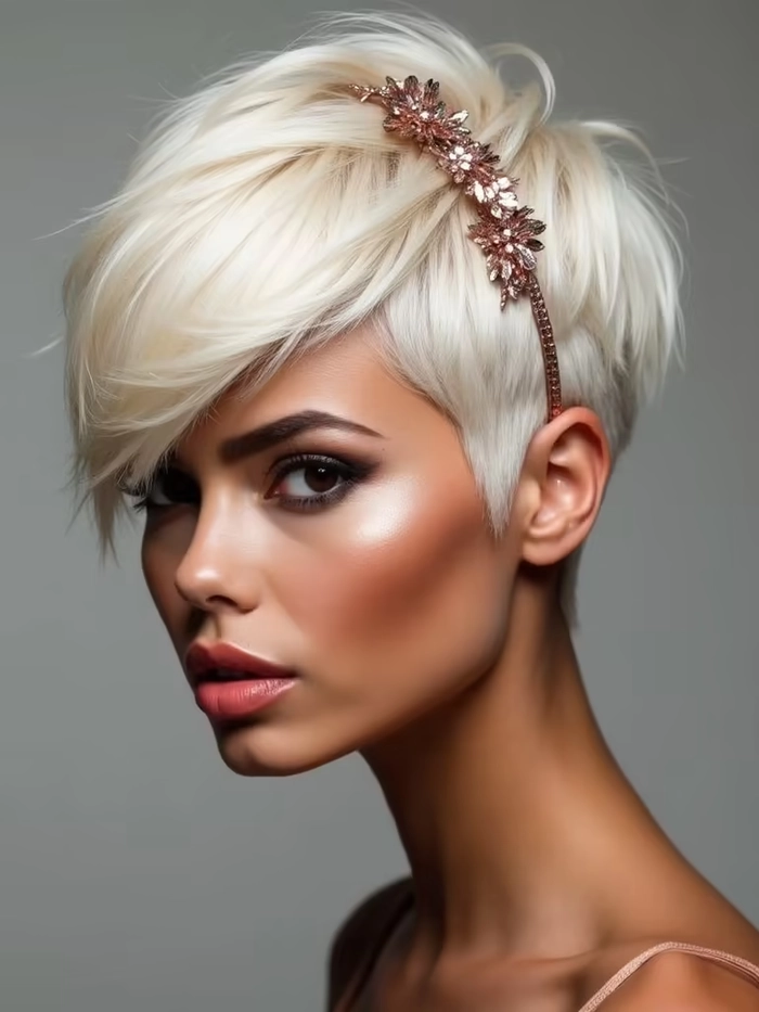 Stylish pixie cut accentuated with sophisticated accessories for a romantic evening out Woman with a chic pixie cut adorned with elegant hair accessories for a date night look