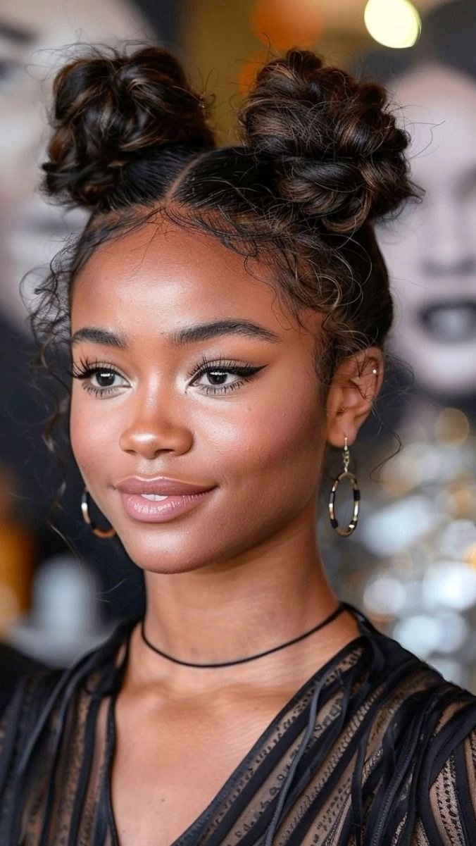 Woman sporting playful space buns for a casual date night hairstyle