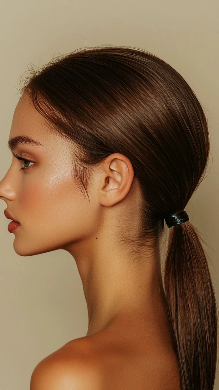 Elegant low ponytail with smooth finish for cold weather dates Polished low ponytail hairstyle for a winter evening date