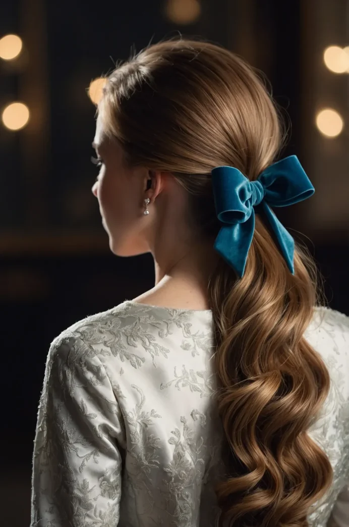 Elegant Low Ponytail Perfect for Cold-Weather Date Nights A polished low ponytail hairstyle for a winter evening date, featuring sleek strands and subtle shine