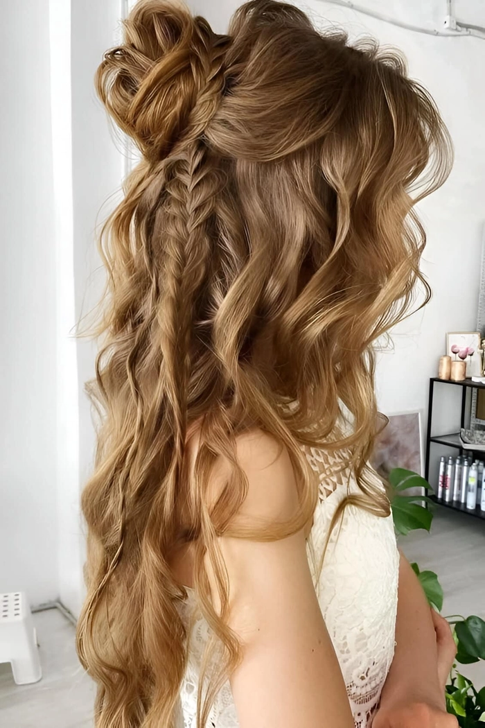 Elegant date night hair featuring braided strands accented with fine gold chain details Romantic braids interwoven with delicate gold chains for a date night hairstyle