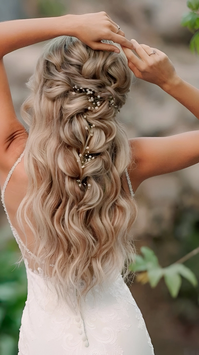 Intricate braid hairstyle accented by a gold chain – a chic romantic look Romantic braids interwoven with delicate gold chains for date night elegance