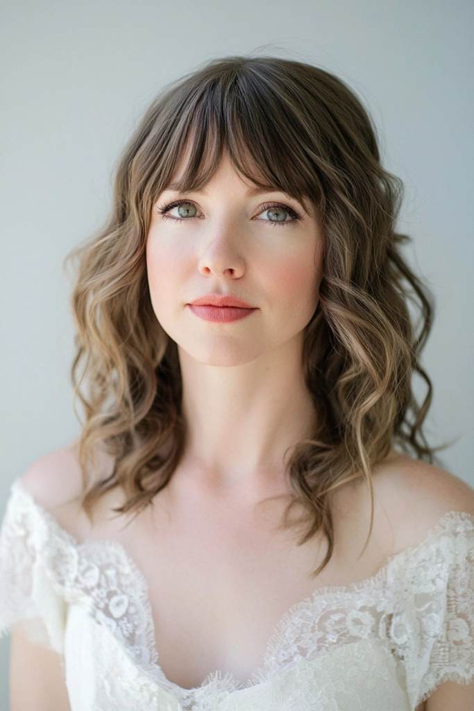 Wavy curtain bangs cascading into a romantic updo for a date night look