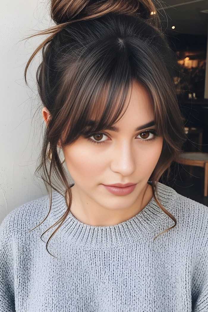 Woman with romantic curtain bangs styled for a date night, soft waves and warm lighting creating a dreamy evening look