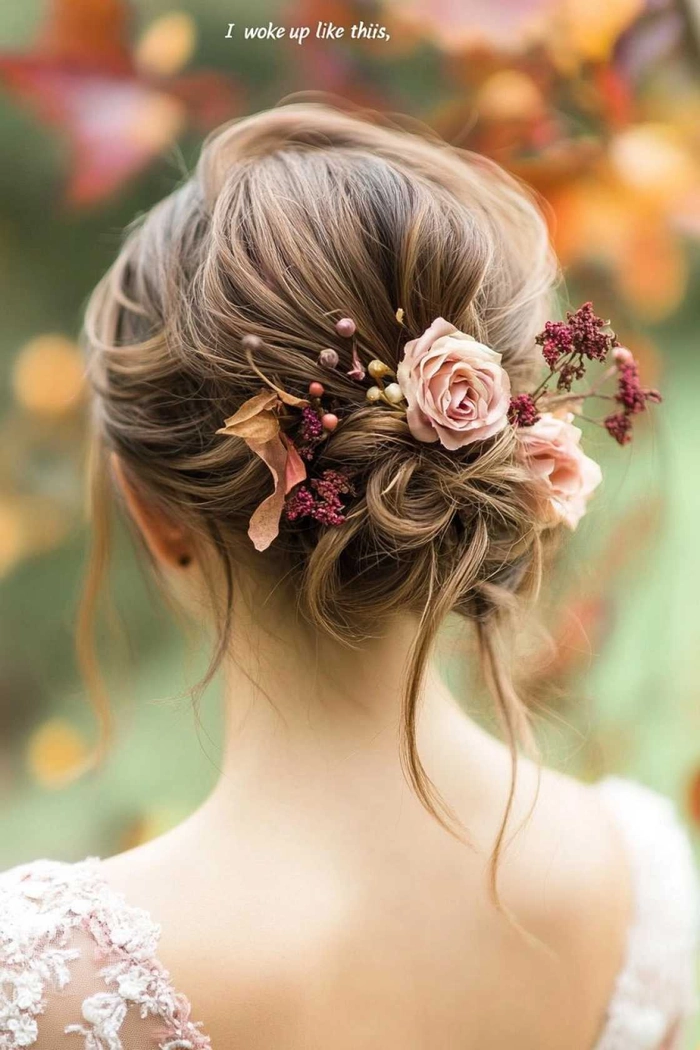 A beautiful hairstyle with fresh flowers in a romantic updo for date night Romantic updo featuring fresh flowers for a date night look