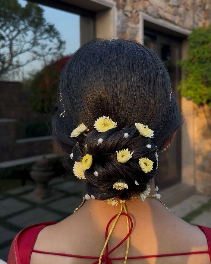 Romantic Updo Featuring Fresh Flowers - Date Night Hair Style 10 A romantic updo with fresh flowers woven through, perfect for a date night hairstyle