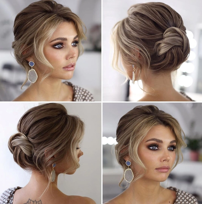 Elegant short hair date night updo with delicate accessories and side-swept volume Short curly updo with decorative pins and soft tendrils for a date night look