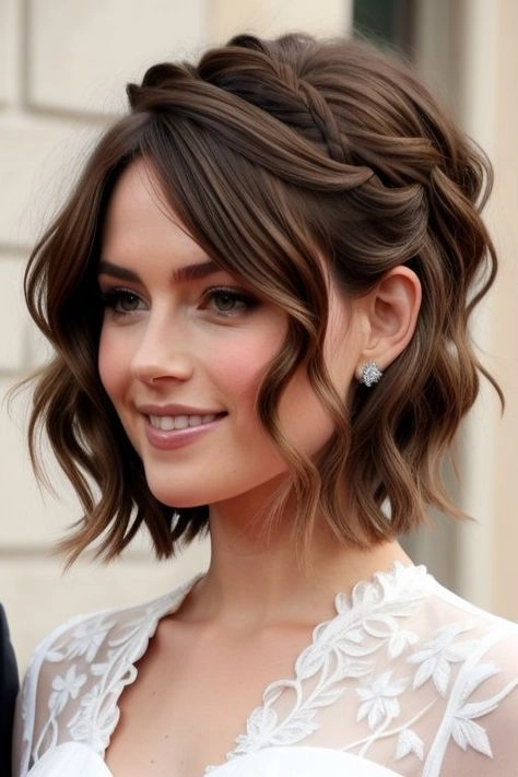 Short hair date night updo with romantic curls and a floral pin A stylish short hair updo perfect for a date night, featuring soft curls and a delicate accessory.