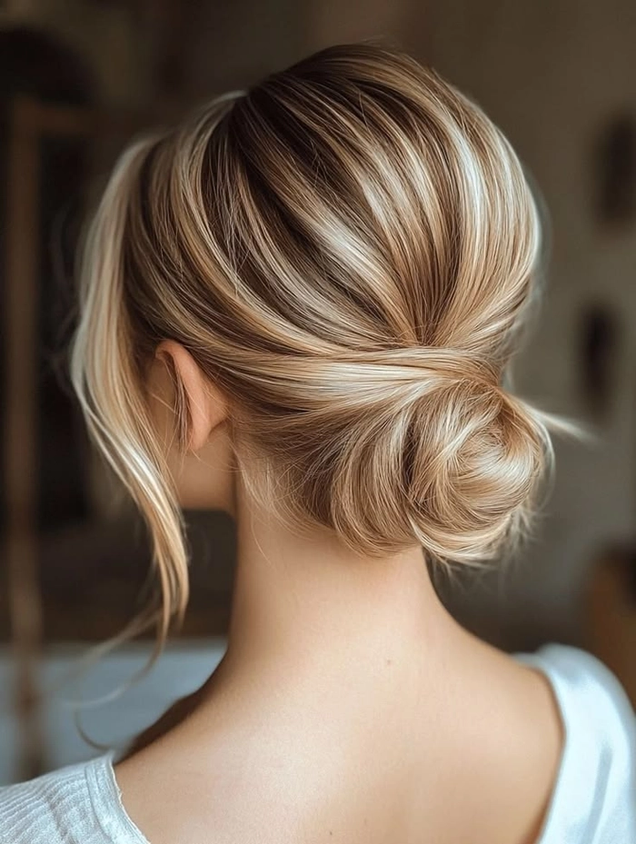 Shoulder length messy bun - effortless date night hair style for a relaxed evening out Casual date hairstyle featuring a shoulder length messy bun with soft, undone texture