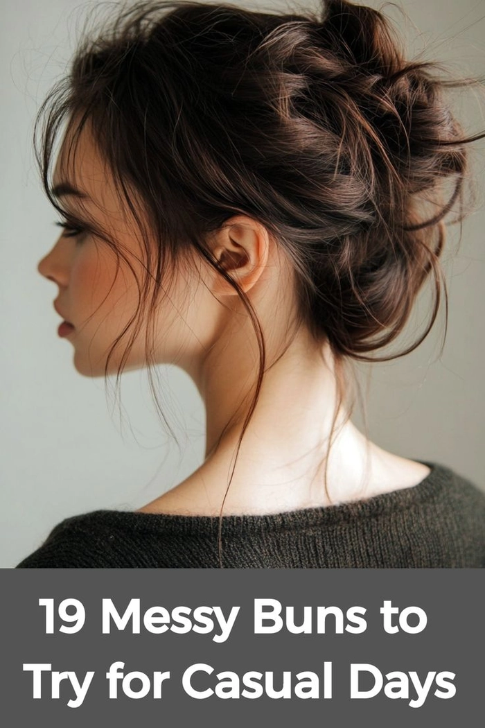 Effortless messy bun perfect for shoulder length hair on a date Shoulder length messy bun hairstyle for a casual date night