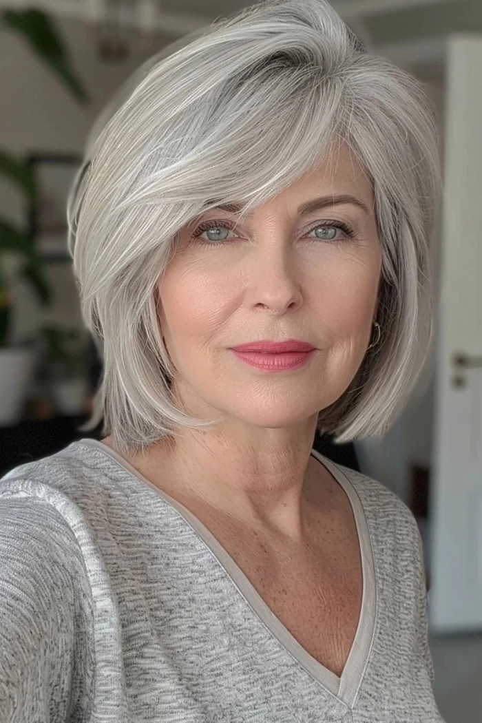 Elegant date night hairstyle for silver and gray hair with soft curls