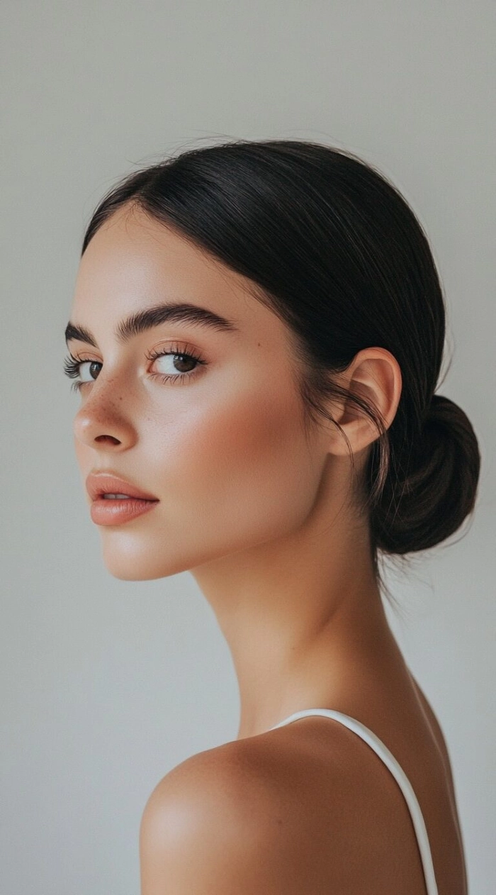 Sleek straight hair with center part creates an elegant dinner look Woman with sleek middle part straight hair styled for a dinner date