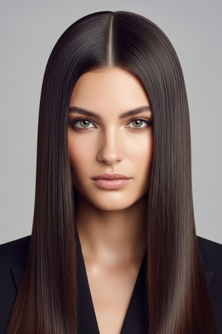Elegant date night hairstyle: sleek middle part straight hair for dinner Woman with sleek middle part straight hair styled for a romantic dinner