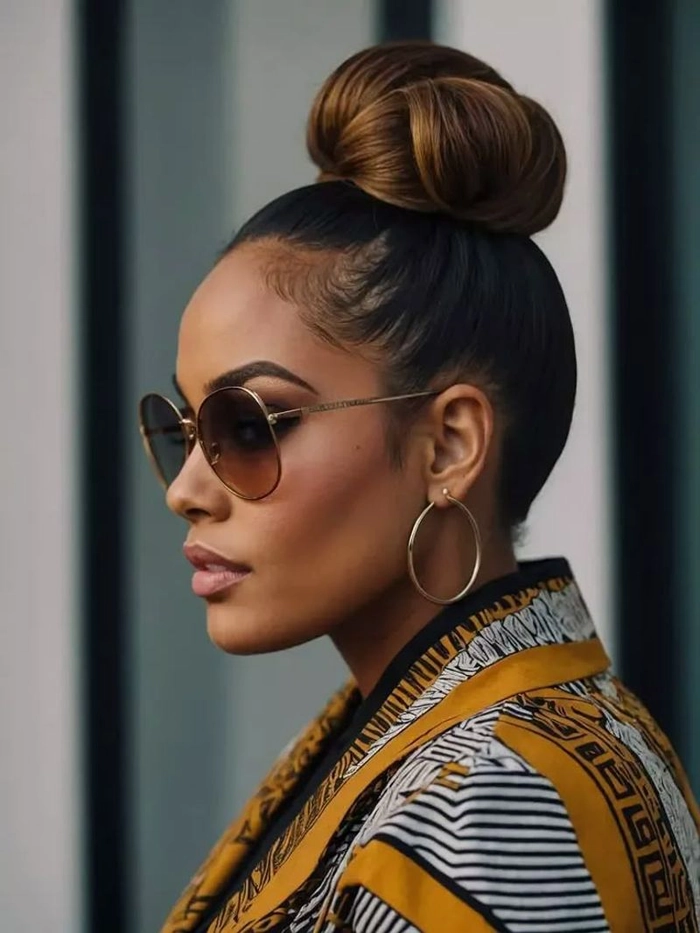 Sophisticated Date Night Top Knot – Polished Updo for Evening Events Elegant top knot hairstyle perfect for a formal evening date, featuring smooth twists and subtle volume