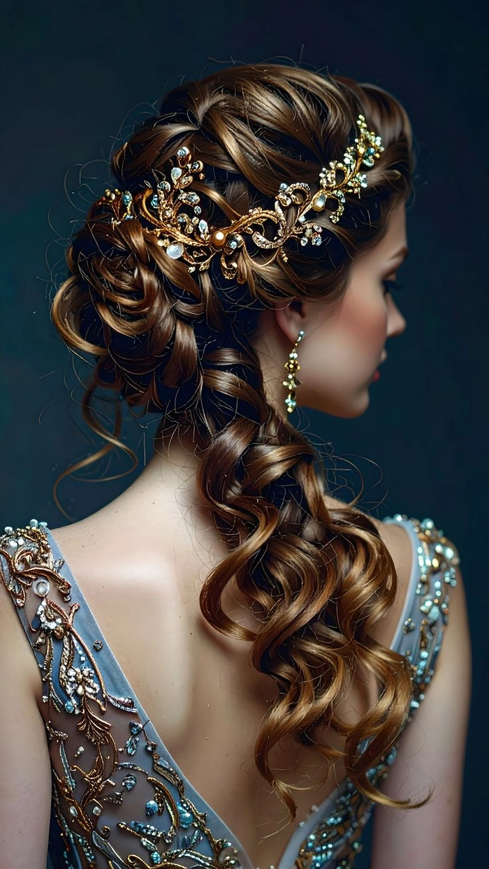 Sophisticated tenth anniversary date night hair look with elegant curls and subtle sparkle Elegant updo hairstyle for a tenth anniversary date night, featuring soft waves and jeweled accessories
