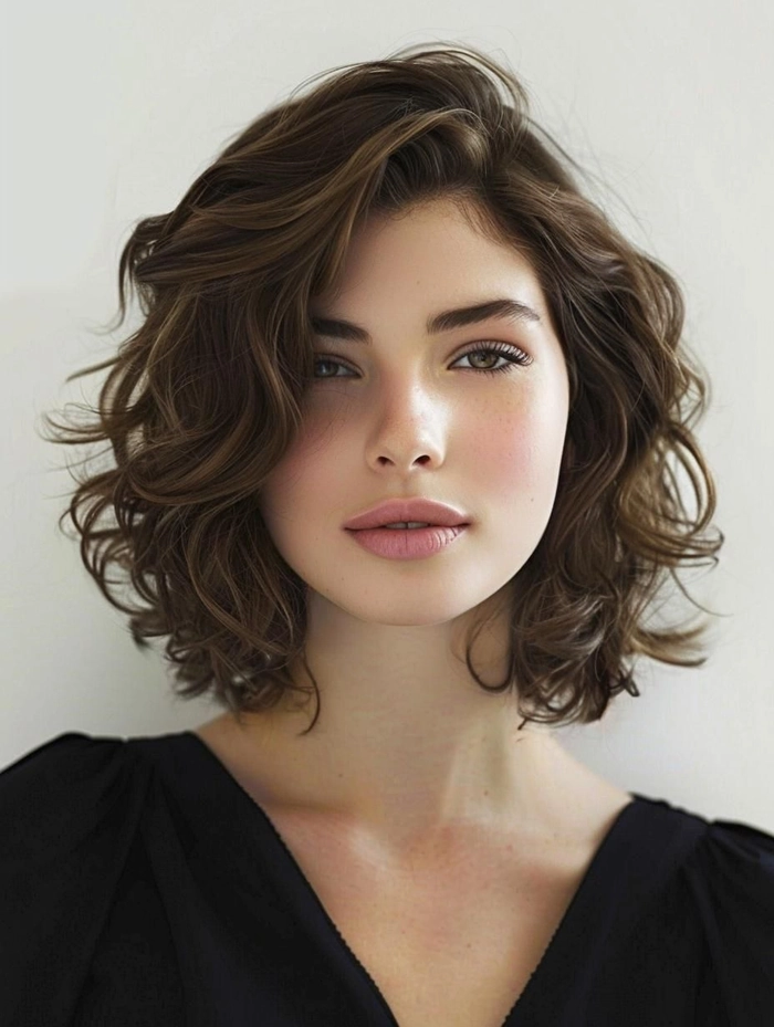 A woman with thick hair wearing an effortless evening updo, suitable for a romantic date night