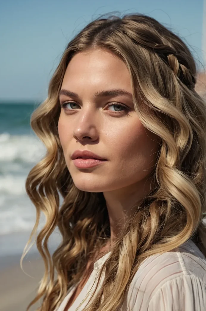 Tousled beach waves hairstyle for romantic summer date nights Woman with tousled beach waves and a flowy sundress smiling on a warm summer evening