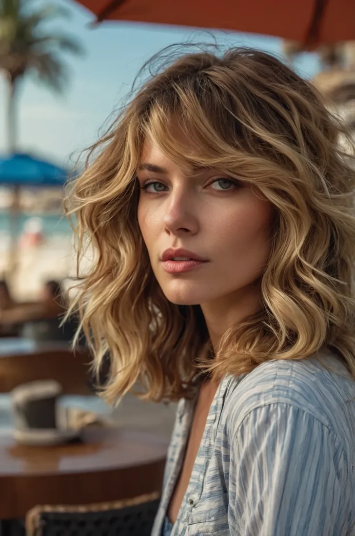 Tousled beach waves hairstyle perfect for a romantic summer date night Woman with tousled beach waves hair for a summer date night smiling in warm evening light