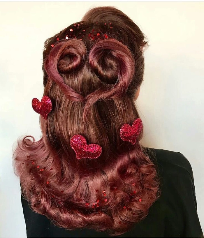 Valentine's Day hairstyle paired with bold red lipstick for a date night look
