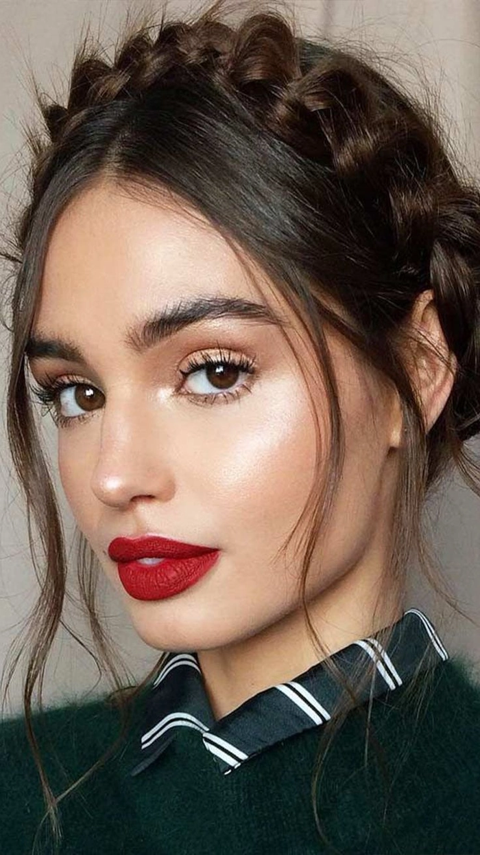 Romantic Valentine's Day hairstyle designed to complement a bold red lip look
