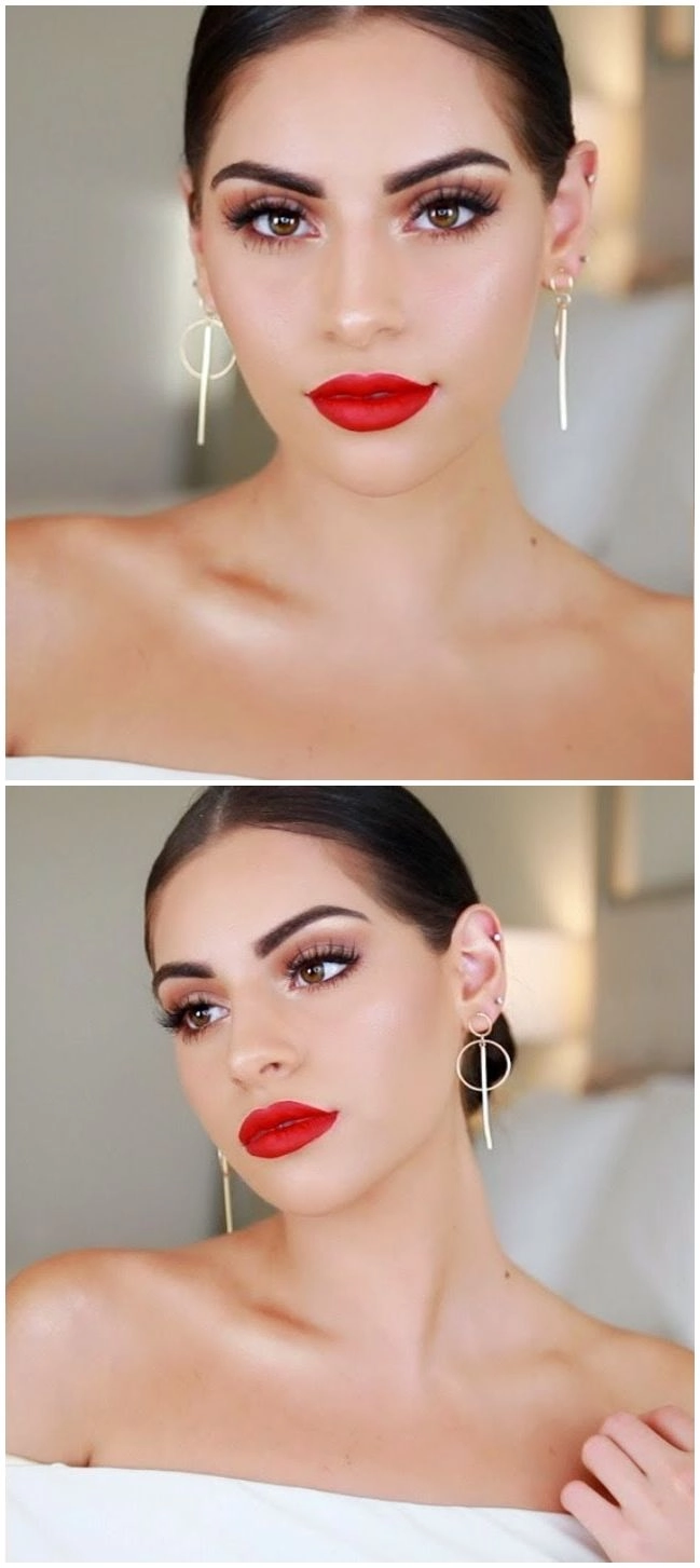 Valentine's Day red lip makeup matched with coordinating hairstyles for a romantic date night look