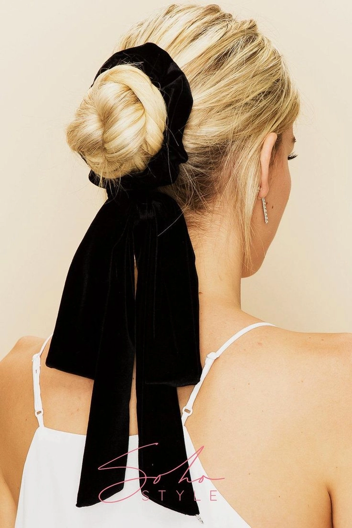 Date night hairstyle accented with a soft velvet scrunchie Evening updo with a velvet scrunchie for date night