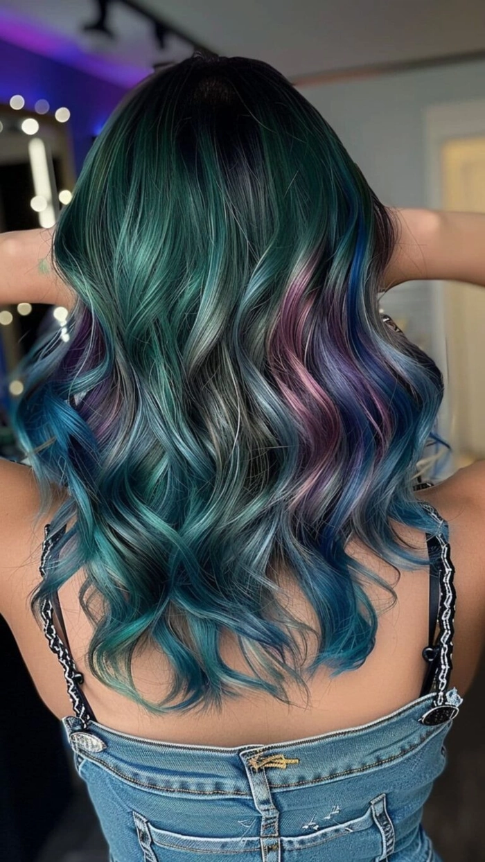 Stunning updo with multicolored fantasy hair for a memorable date night look Elegant evening updo showcasing vibrant fantasy hair colors in a date night style