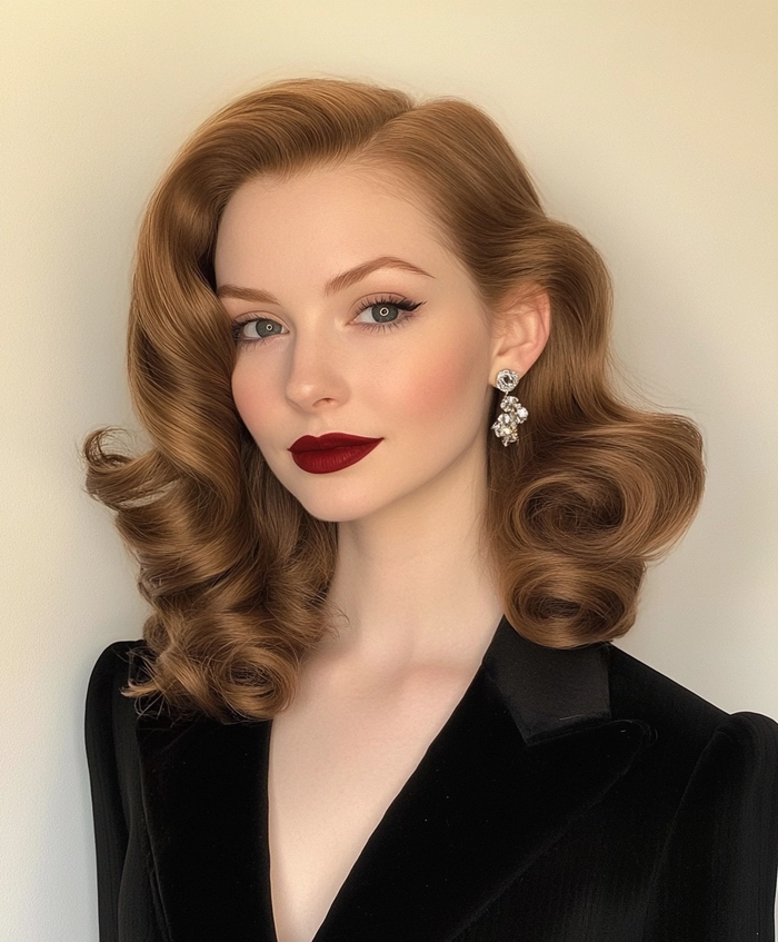 Classic Hollywood glamour waves styled for a romantic anniversary dinner celebration. Elegant vintage Hollywood waves hairstyle perfect for an anniversary dinner date night.