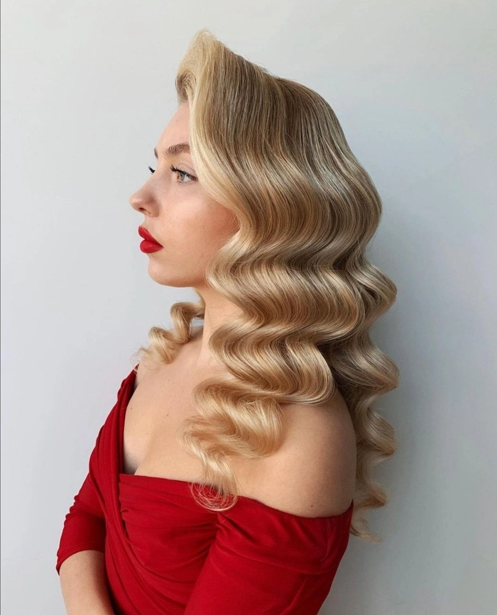 Classic Old Hollywood curls styled for a special date night celebration Vintage Hollywood waves hairstyle for a romantic anniversary dinner