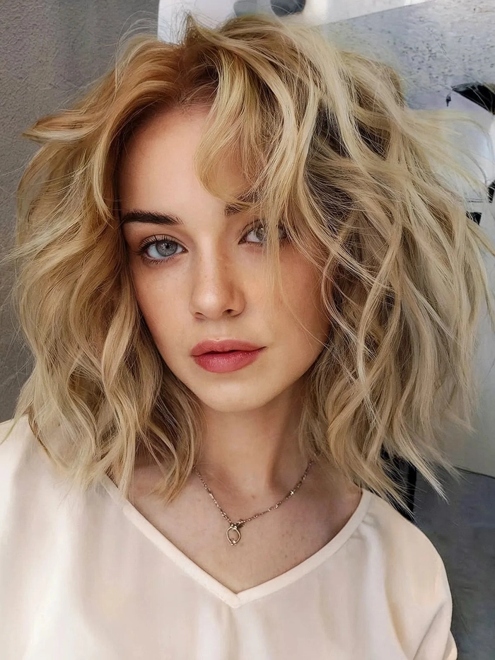 A woman with a soft wavy bob hairstyle, glancing toward the camera while dressed for a first date
