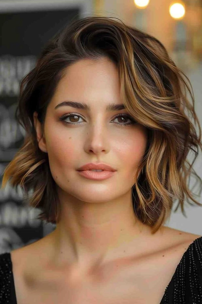 Wavy bob hairstyle with soft waves and a side part for a first date