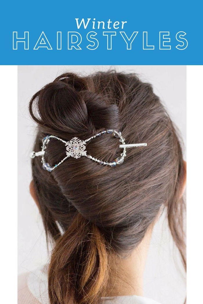 Elegant winter date night hair adorned with icy crystal hairpins and a touch of glamour Romantic winter wonderland date night hairstyle with sparkly hair accessories