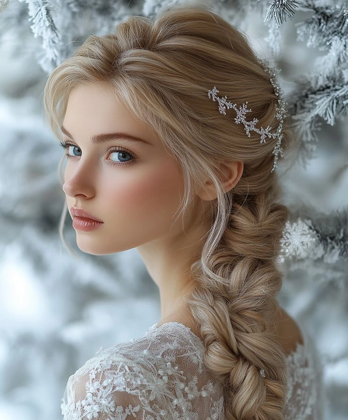 Winter date night hairstyle with shimmering snowflake hair clips in a snowy setting A woman's styled hair featuring glittery snowflake accessories, ideal for a romantic winter date night