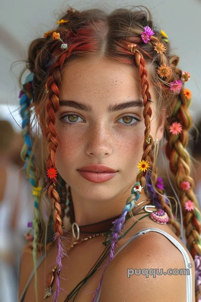 Model showing bohemian festival hairstyle with fishtail braid and wildflowers