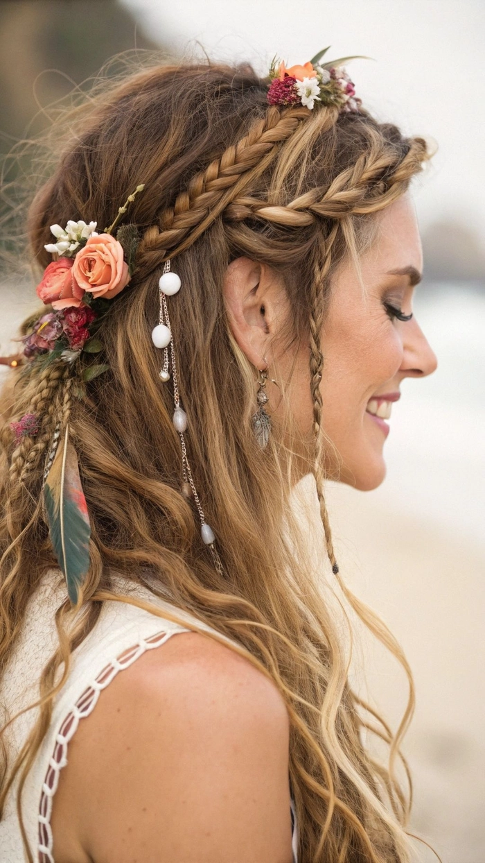 Boho festival braided hairstyle with flowers for a free-spirited festival look