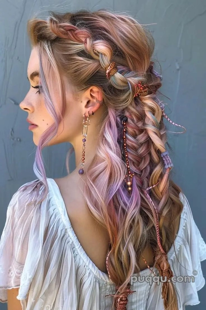 A model with a bohemian festival hairstyle featuring braids and wildflowers