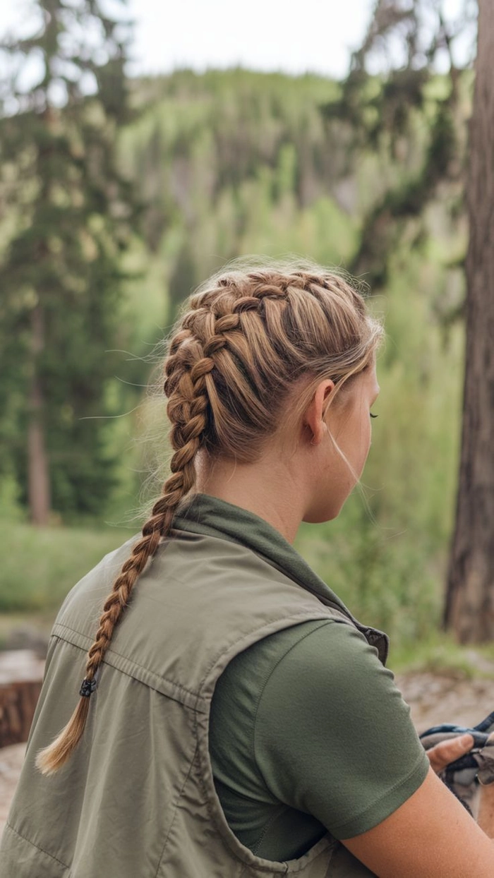 Easy braided hairstyle for camping festival with floral accents