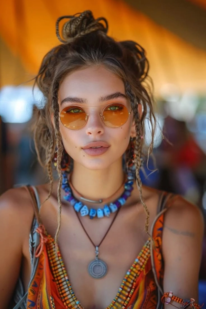 Boho braids with floral accessories for a Coachella music festival look