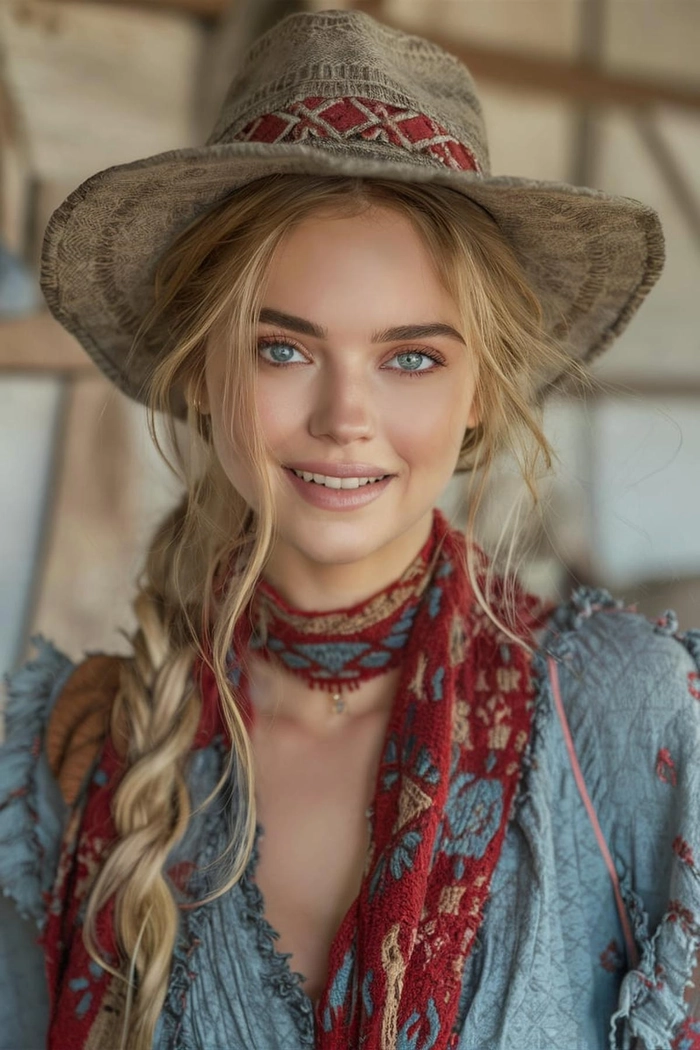 Boho braided updo with floral accessories for Coachella festival look