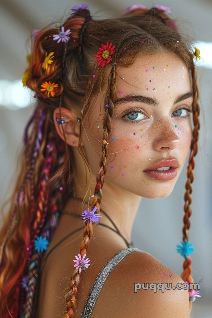 Intricate braided updo with floral accents for a Coachella festival look