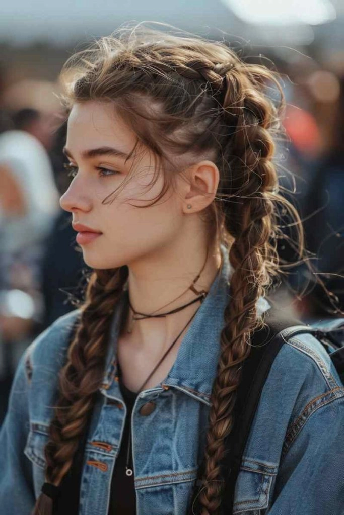 Country music festival hairstyle with braided crown and wildflower accents Country music festival hairstyle with braided crown and wildflower accents for a rustic look