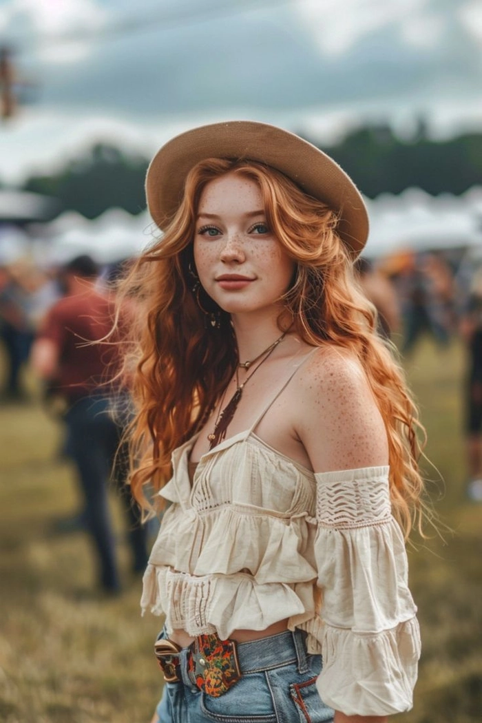 Country Music Festival Hairstyles - Braided Crown with Hat A woman with long braided hair and a cowboy hat at a country music festival